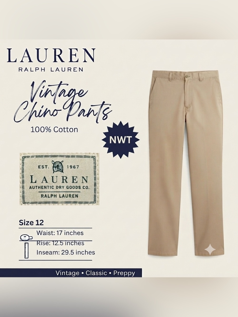 NWT Vintage Lauren Ralph Lauren Pebble Tan Chino Pants 12 Dry Goods Co